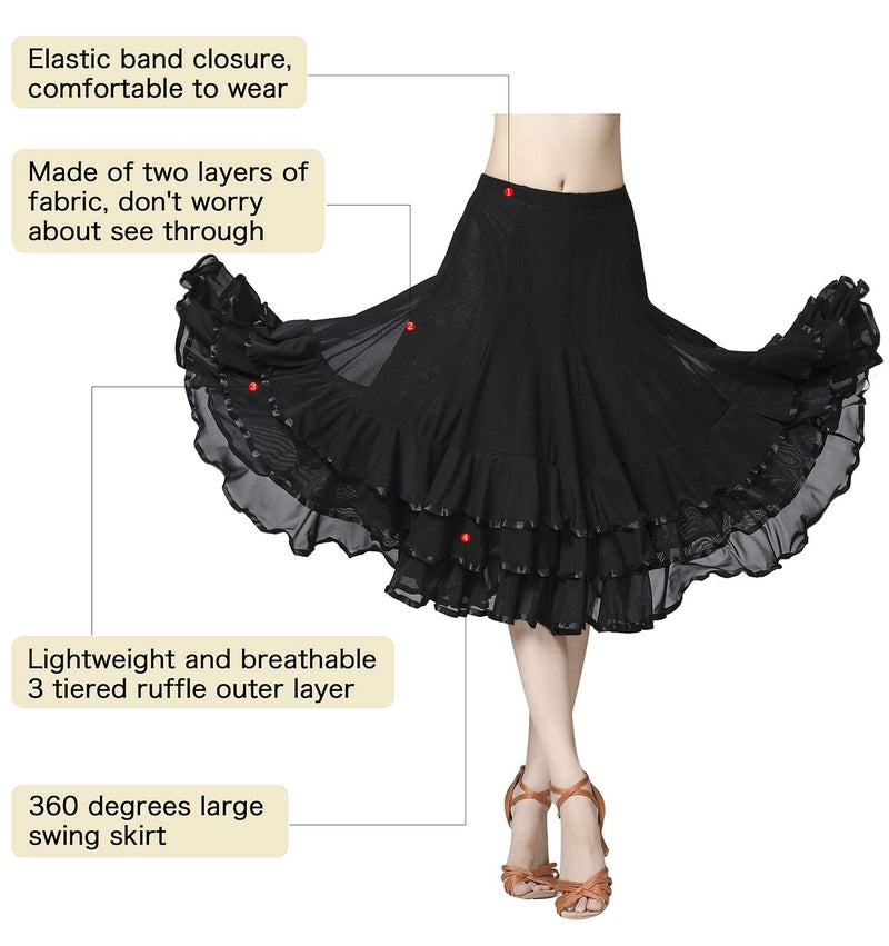 ZX Z&X Women's Ballroom Dancing 360 Degree Long Swing Latin Salsa Rumba Flamenco Dance Skirts for Practice, Black, One Size - Image 2